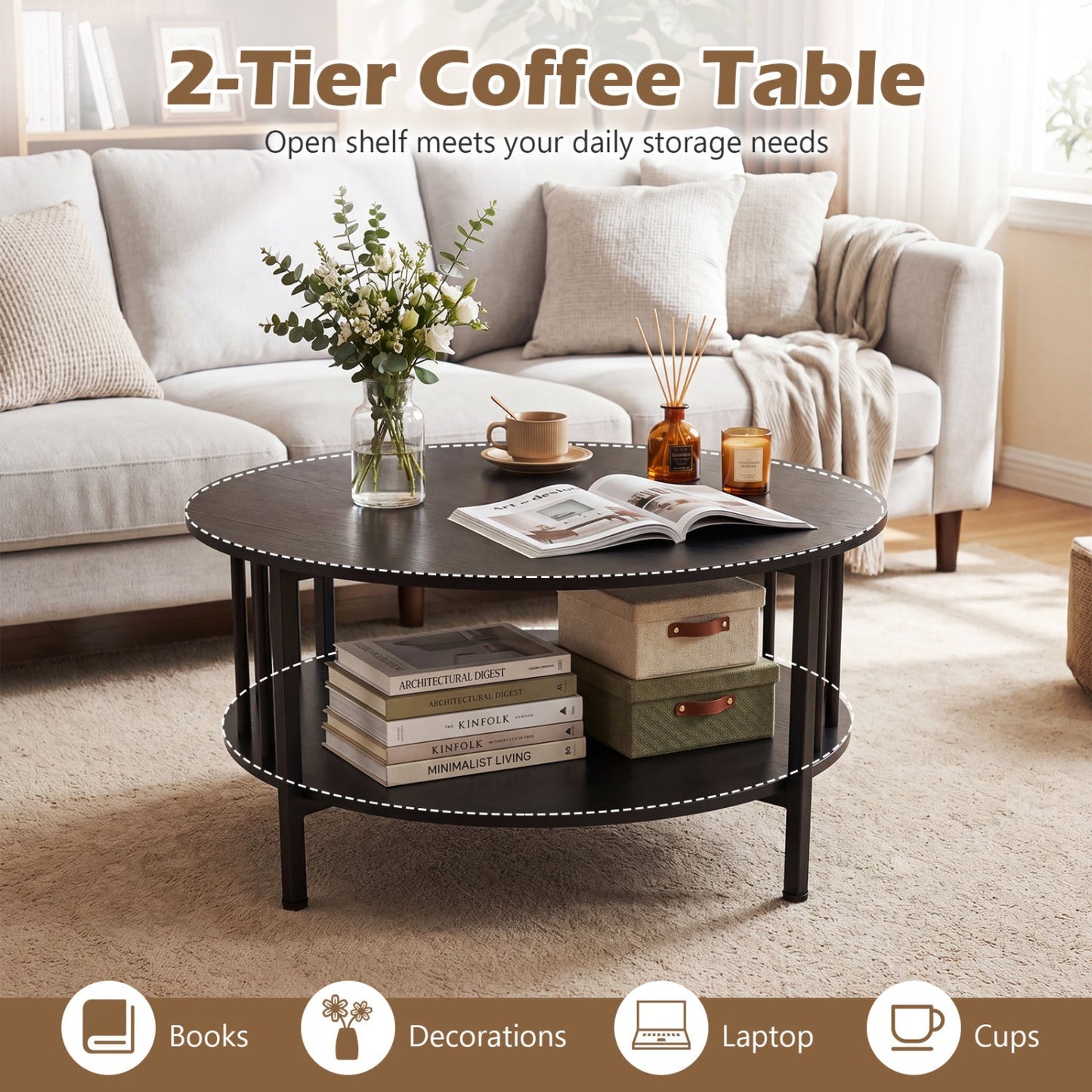 Round Coffee Table with Storage Shelf and Metal Frame