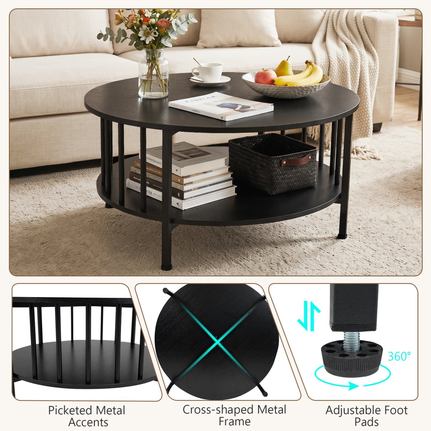Round Coffee Table with Storage Shelf and Metal Frame