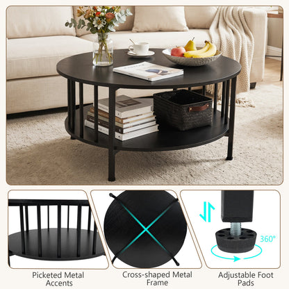 Round Coffee Table with Storage Shelf and Metal Frame