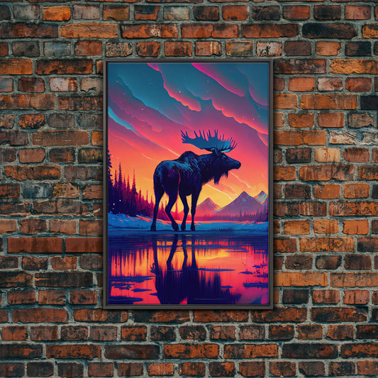 Moose In Lake Mountains Pine Trees Snow Fine Art Print, Wall Decor, Wall Poster, Wall Art Print