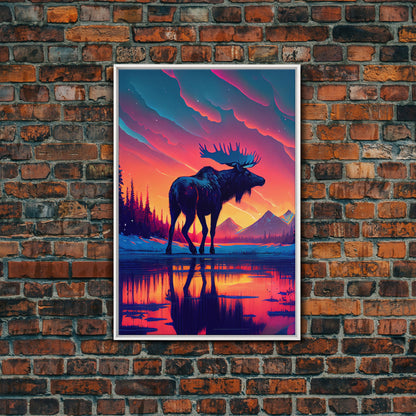 Moose In Lake Mountains Pine Trees Snow Fine Art Print, Wall Decor, Wall Poster, Wall Art Print
