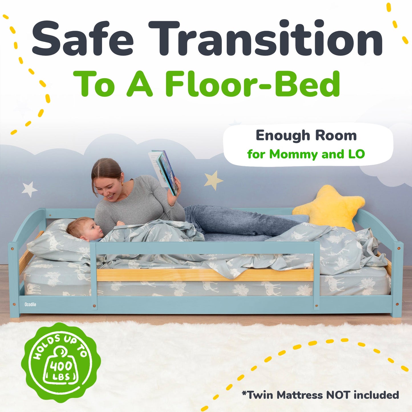Twin Size Montessori-Inspired Floor Bed with Safety Guardrails for Kids