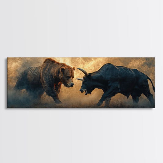 Intense Bull and Bear Framed Canvas Print - Moody Wildlife Painting, Rustic Wall Art, Industrial Style Living Room Decor, Gift Idea