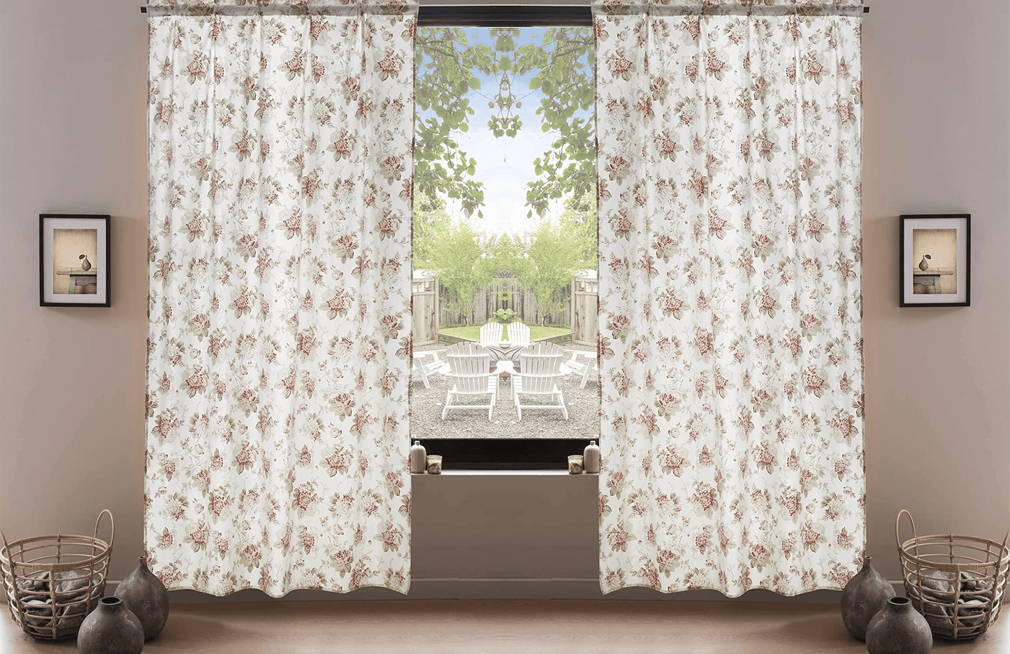 DaDa Bedding Set of 2-Pieces Hint of Mint Dainty Floral Pink Roses Cottage Sheer Window Panel Curtains (JHW3036)