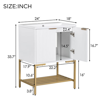 24" Bathroom Vanity with Sink, Bathroom Vanity Cabinet with Two Doors and Gold Metal Frame, Open Storage Shelf, White