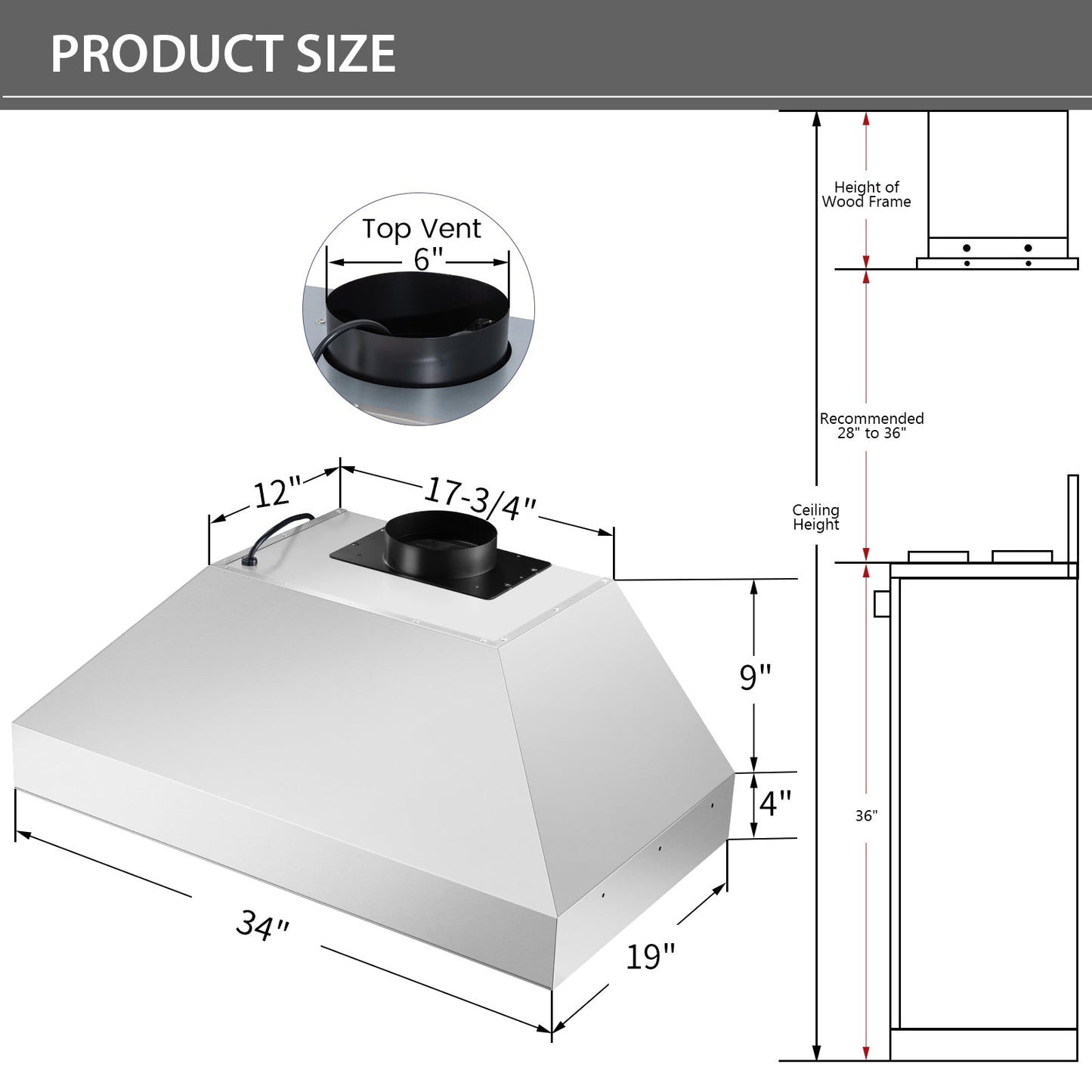 Nauxus 36 Inch Range Hood Insert, 600 CFM High Power Kitchen Vent with 4 Speeds Ultra-Quiet Operation, Dimmable LED Lighting Dishwasher Safe Filtration System , NX-19IS-36