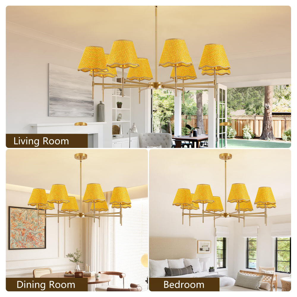 38.6" Gold Boho Rattan Chandelier | 8-Light Farmhouse Pendant with Adjustable Height for Dining Room, Living Room & Bedroom