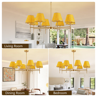 38.6" Gold Boho Rattan Chandelier | 8-Light Farmhouse Pendant with Adjustable Height for Dining Room, Living Room & Bedroom