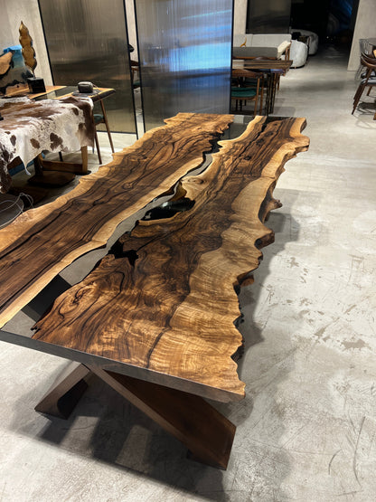Live Edge Rustic, Epoxy Resin River Dining Room Table Made of Walnut