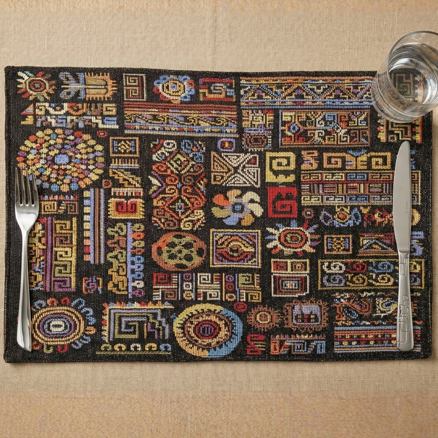 DaDa Bedding Set of 4-Pieces Ethnic Ornaments Geometric Black Tapestry Dining Placemats 13” x 19” (18118)