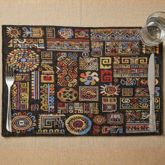 DaDa Bedding Set of 4-Pieces Ethnic Ornaments Geometric Black Tapestry Dining Placemats 13” x 19” (18118)