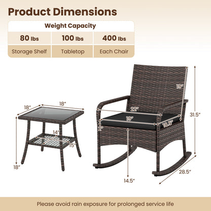 3-Piece Rocking Bistro Set with Cushions & Side Table