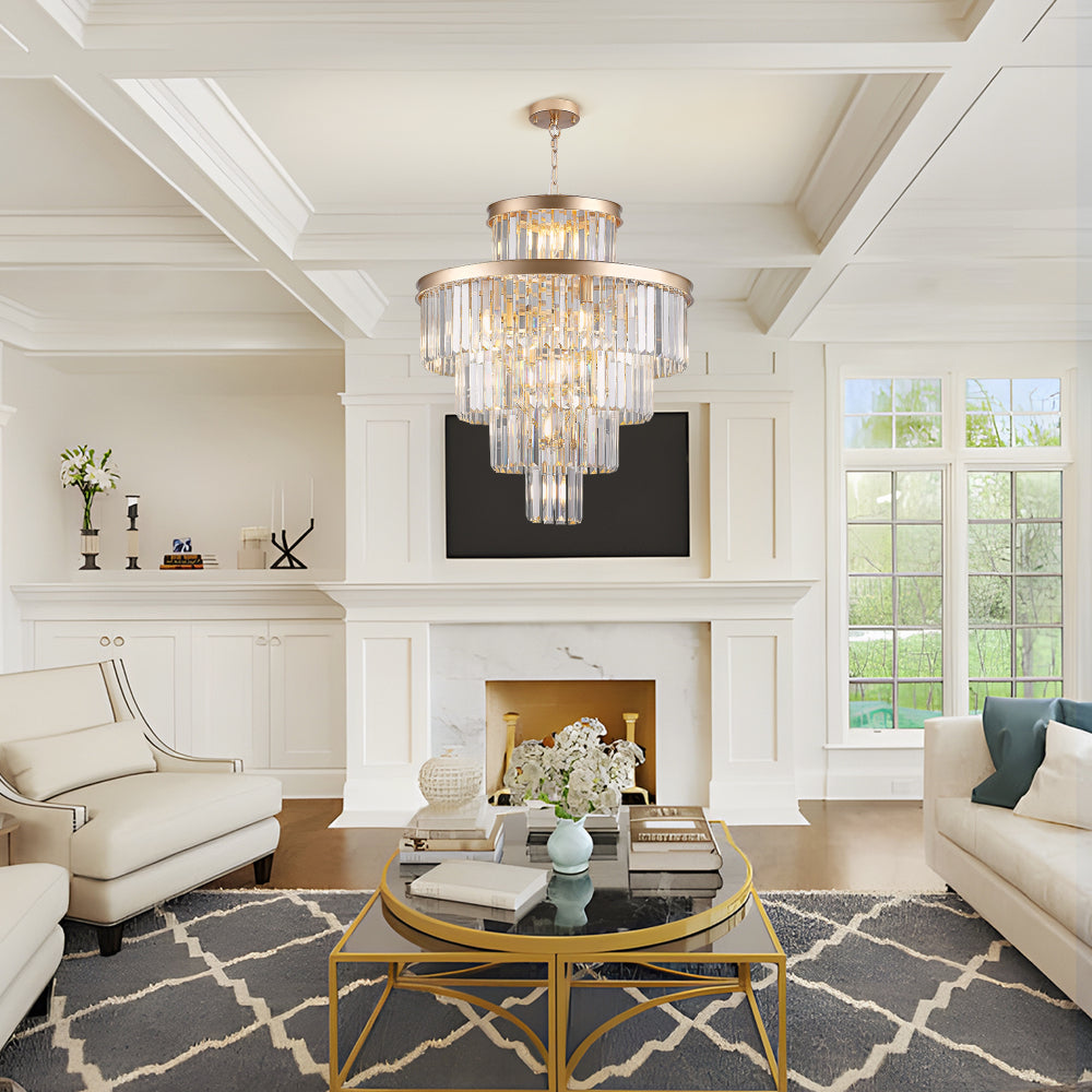 23.6" 5-Tier K9 Crystal Chandelier | 15-Light Luxury Pendant with Gold or Black Frame — Dining Room, Living Room & Foyer