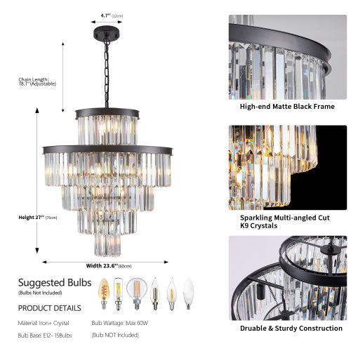 23.6" 5-Tier K9 Crystal Chandelier | 15-Light Luxury Pendant with Gold or Black Frame — Dining Room, Living Room & Foyer