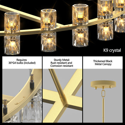 Luxury Crystal Chandelier | Double-Ring LED Ceiling Light for Living Room & Dining Room — Black or Gold, Round or Rectangular
