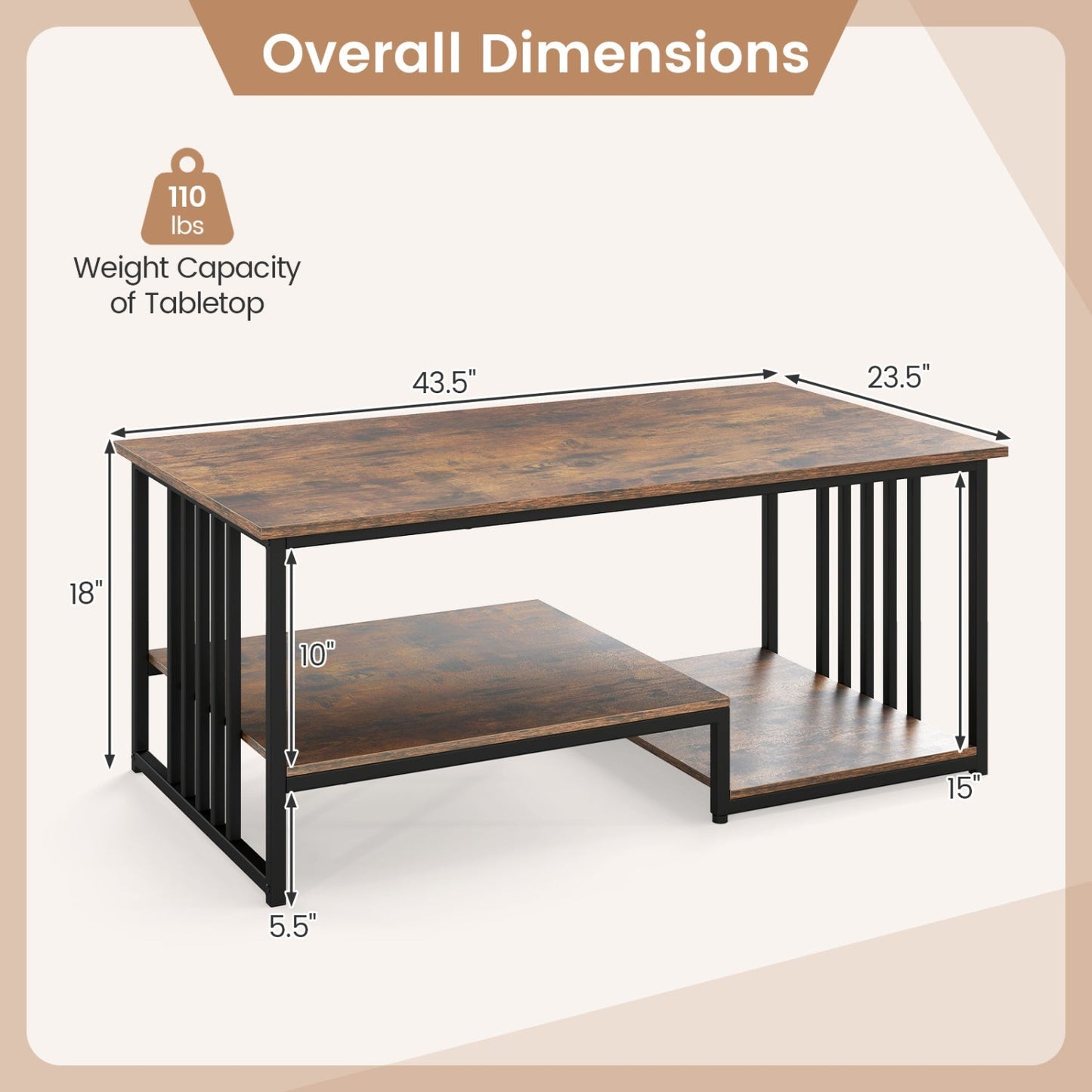 43.5" Coffee Table 2-Tier with Open Storage Shelf