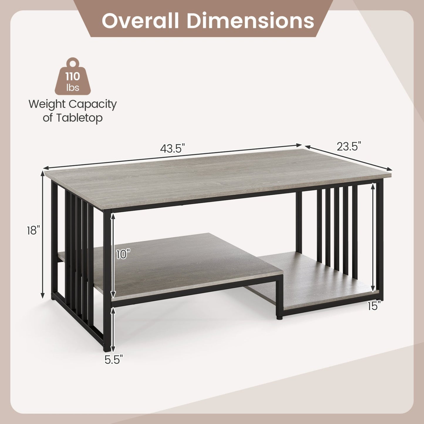 43.5" Coffee Table 2-Tier with Open Storage Shelf