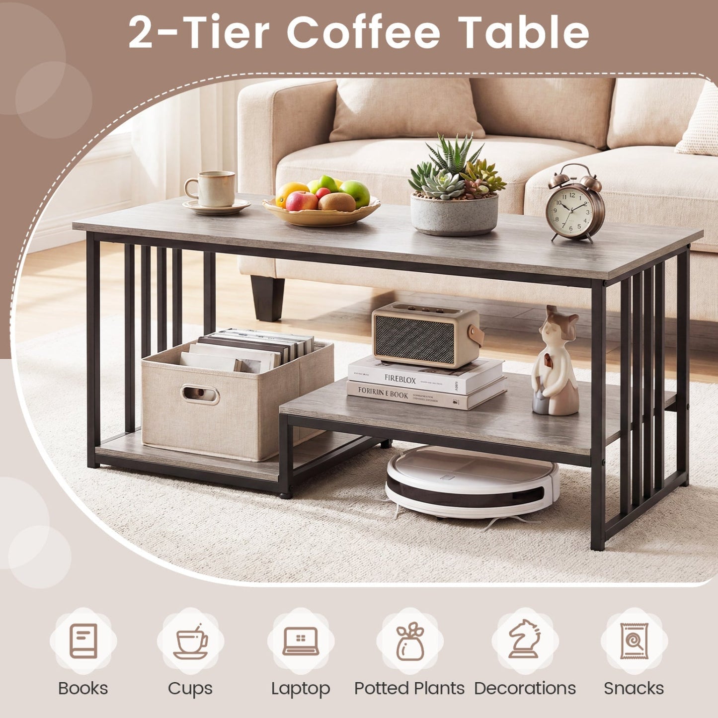43.5" Coffee Table 2-Tier with Open Storage Shelf