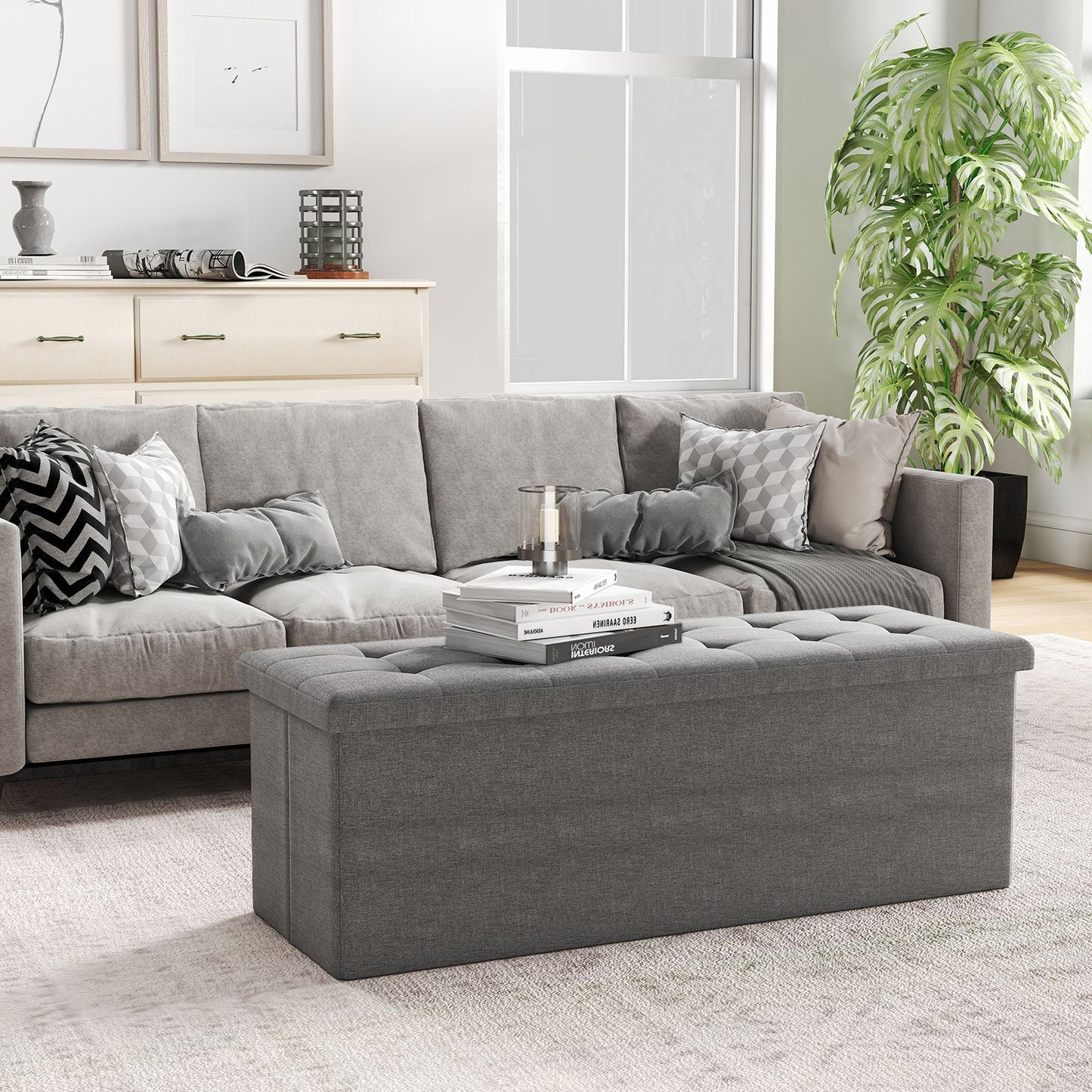 43 Inches Folding Storage Ottoman Bench Linen End of Bed Bench with Padded Seat