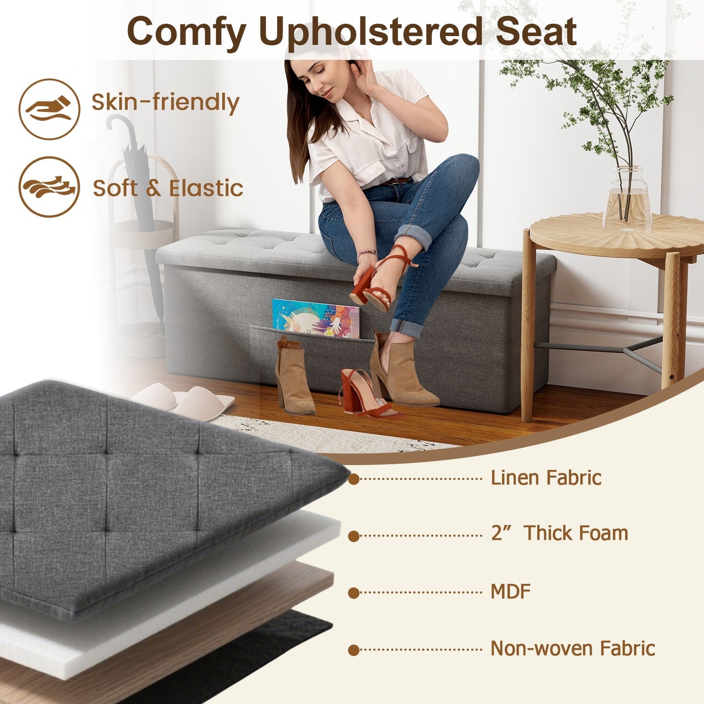 43 Inches Folding Storage Ottoman Bench Linen End of Bed Bench with Padded Seat