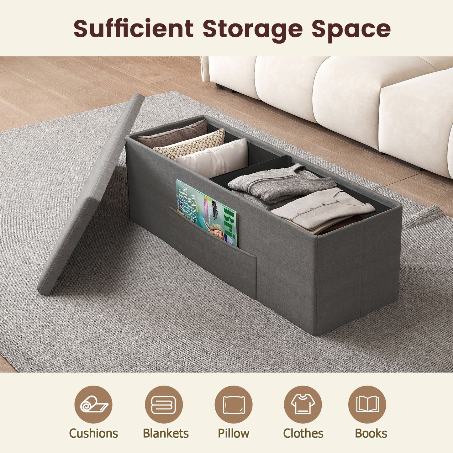 43 Inches Folding Storage Ottoman Bench Linen End of Bed Bench with Padded Seat