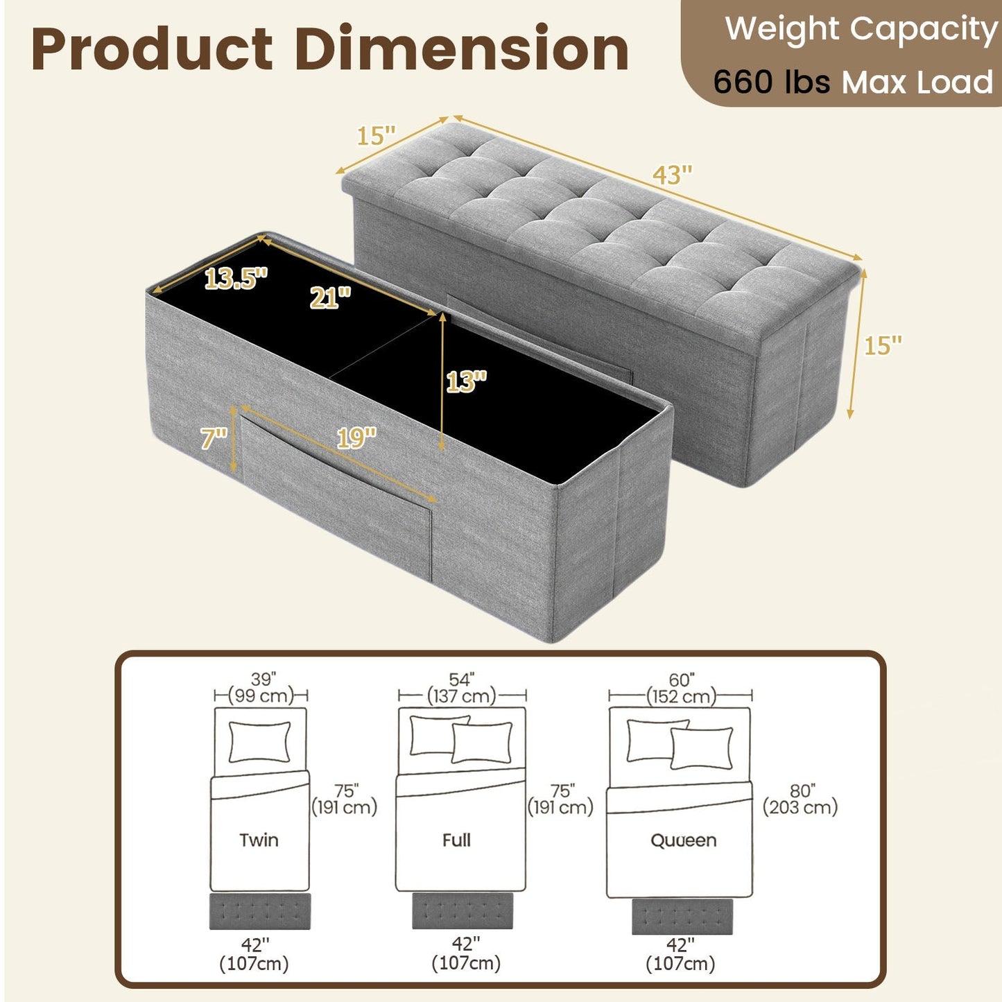43 Inches Folding Storage Ottoman Bench Linen End of Bed Bench with Padded Seat