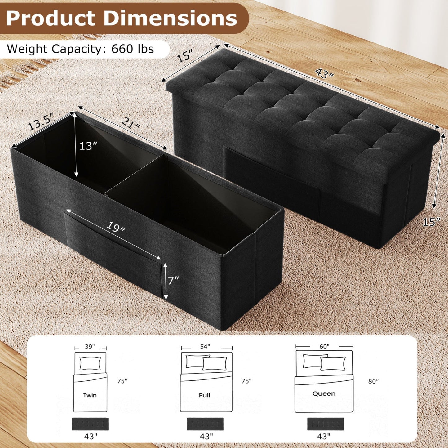 43" Folding Storage Ottoman Bench with Padded Seat