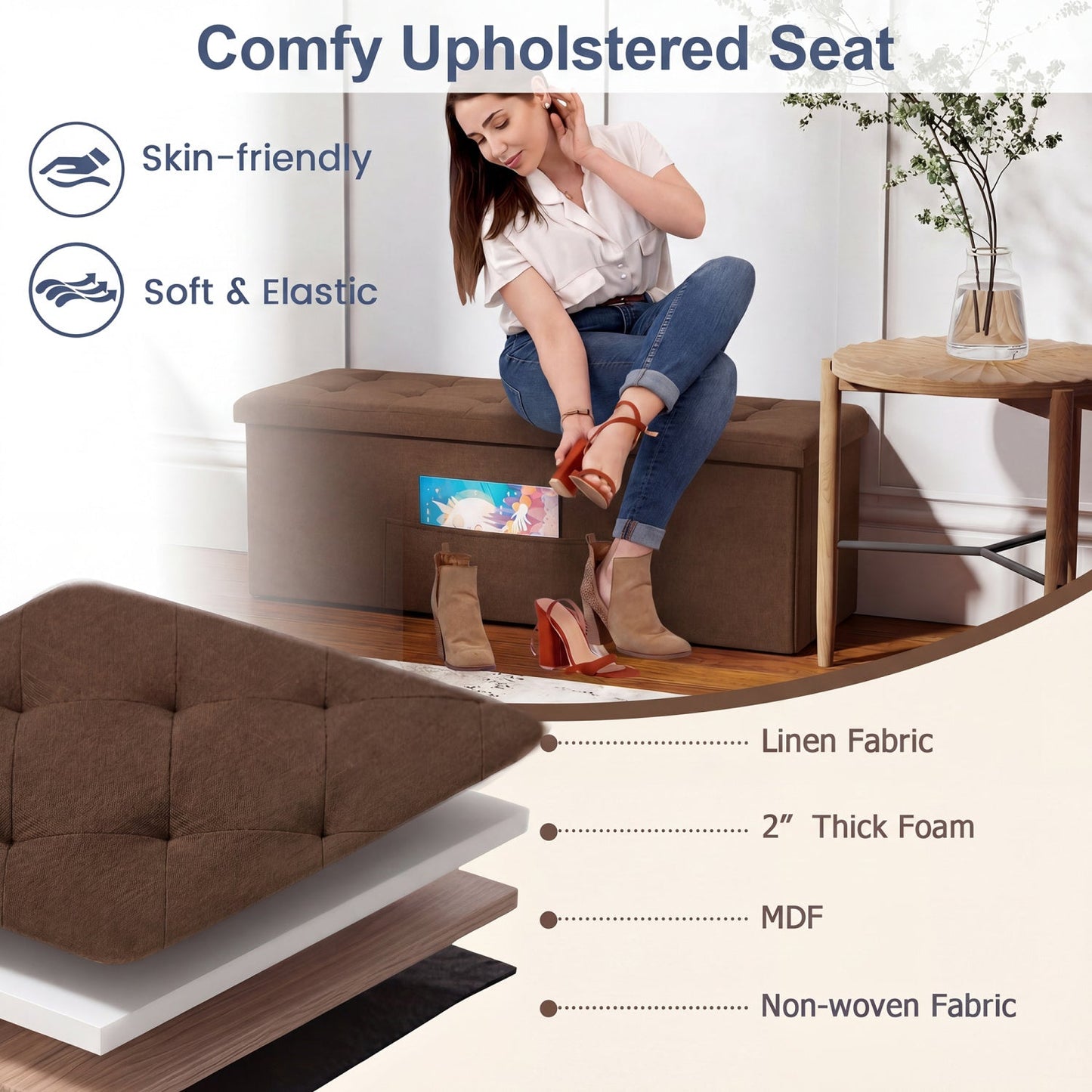 43-Inch Folding Storage Ottoman Bench with Padded Seat