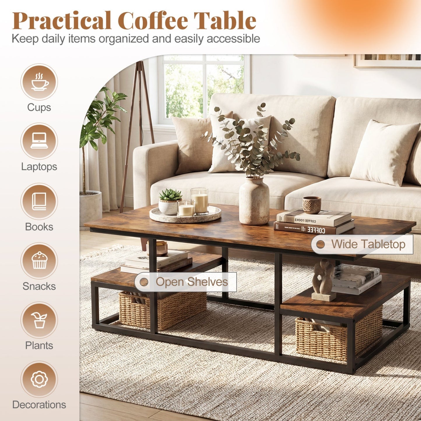 43" Rectangle Coffee Table with Storage and Open Shelves