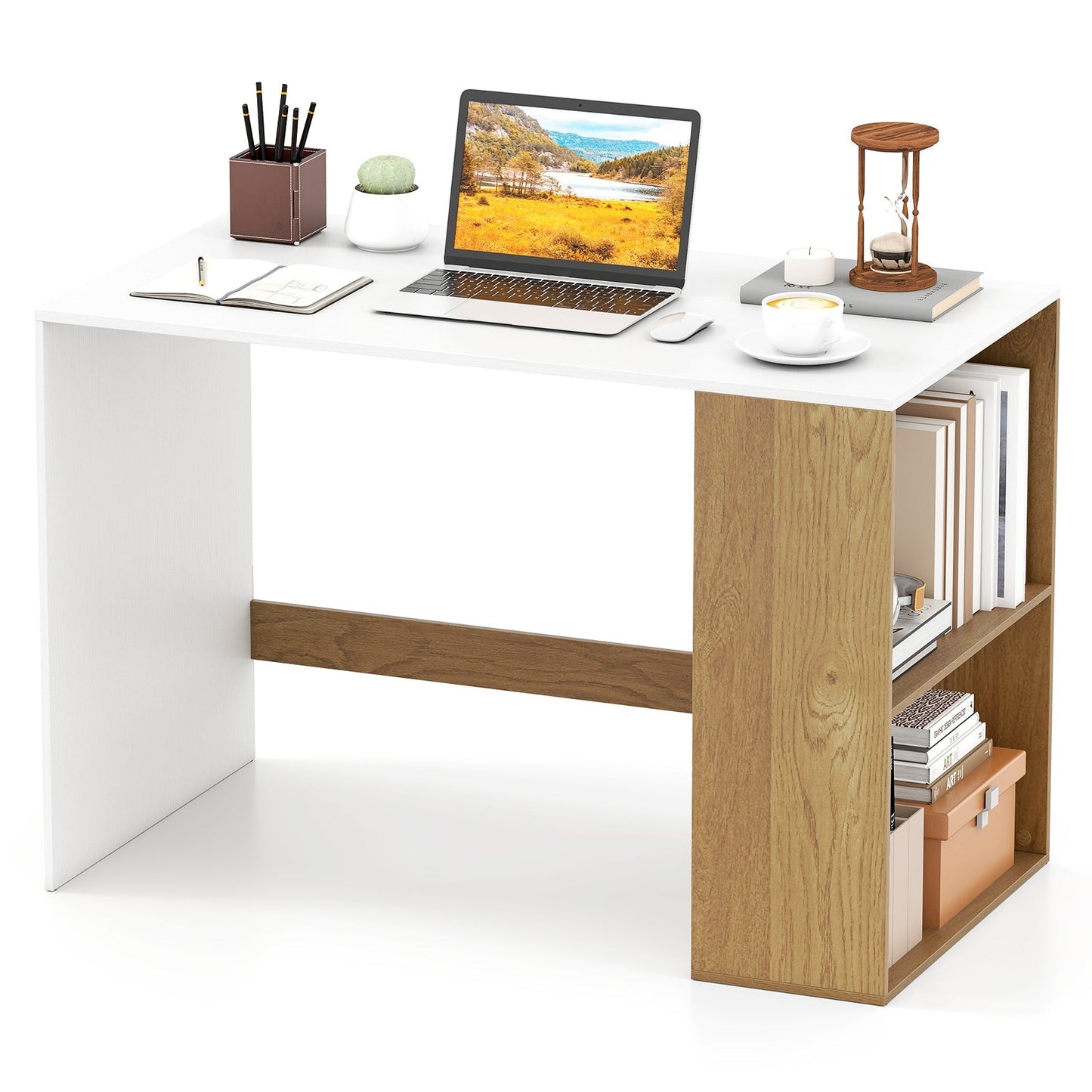 44 Inch Wooden Computer Desk with Bookshelf for Small Space