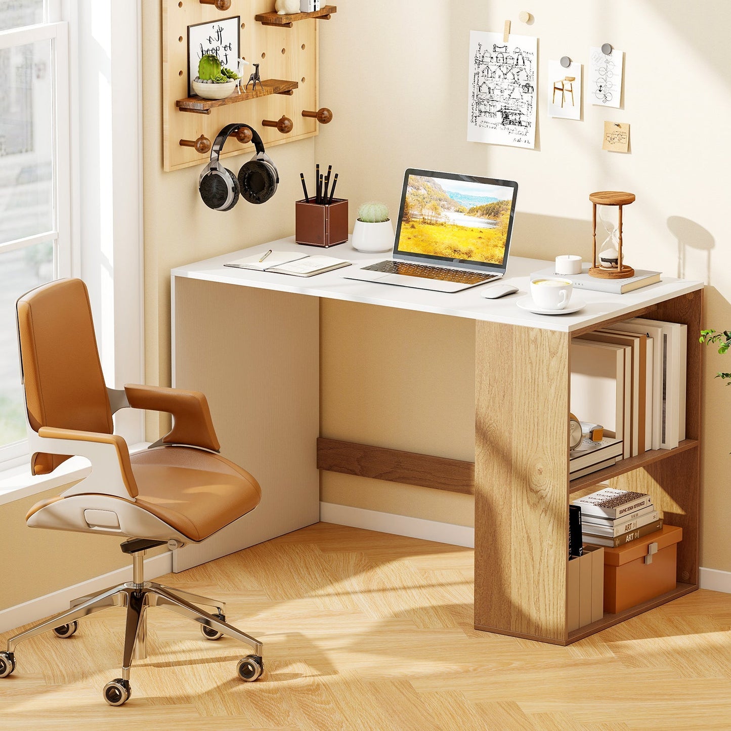 44 Inch Wooden Computer Desk with Bookshelf for Small Space