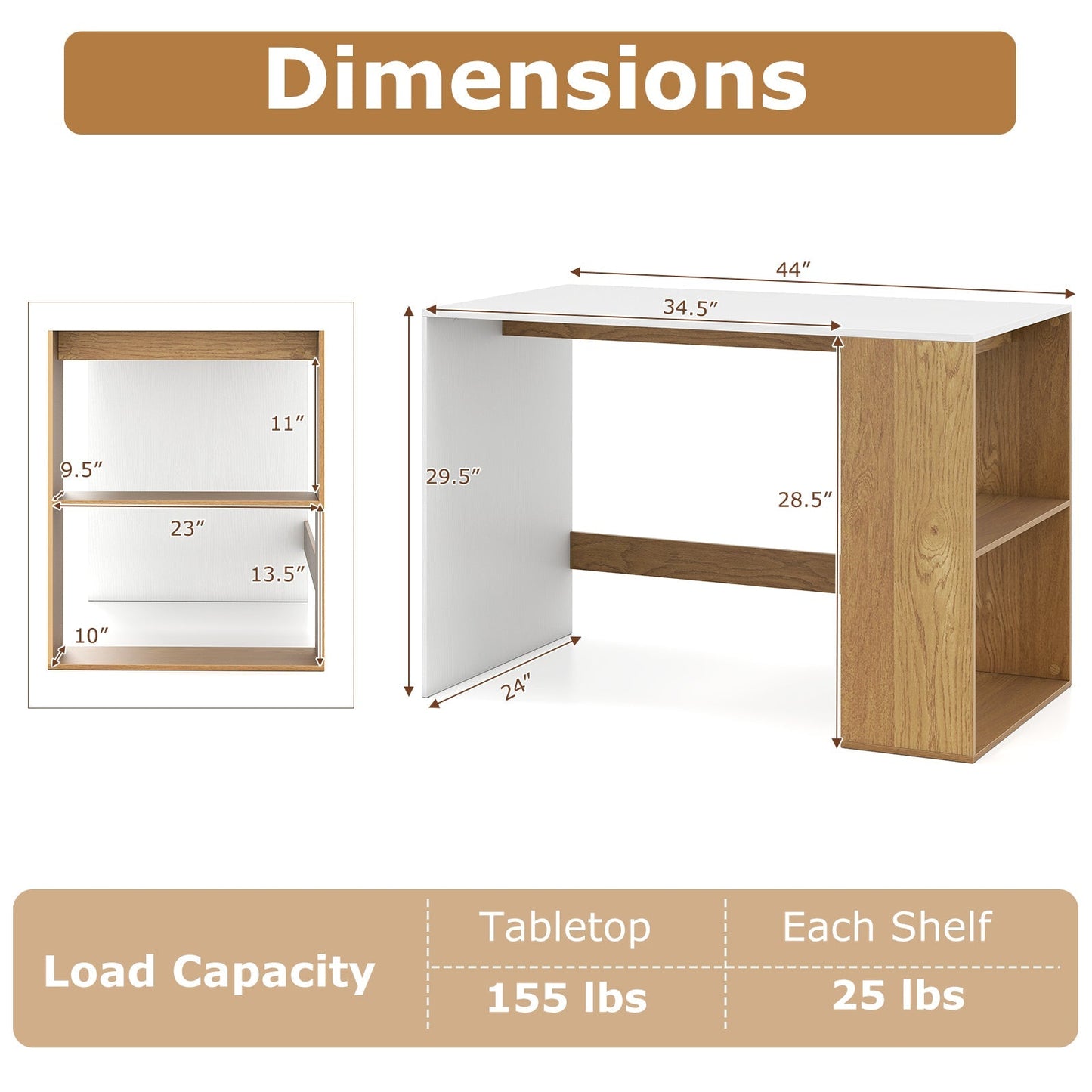 44 Inch Wooden Computer Desk with Bookshelf for Small Space