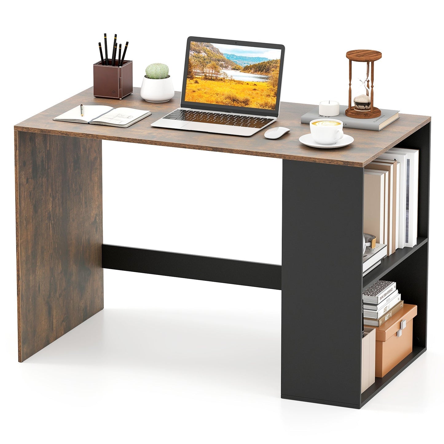 44 Inch Wooden Computer Desk with Bookshelf for Small Space