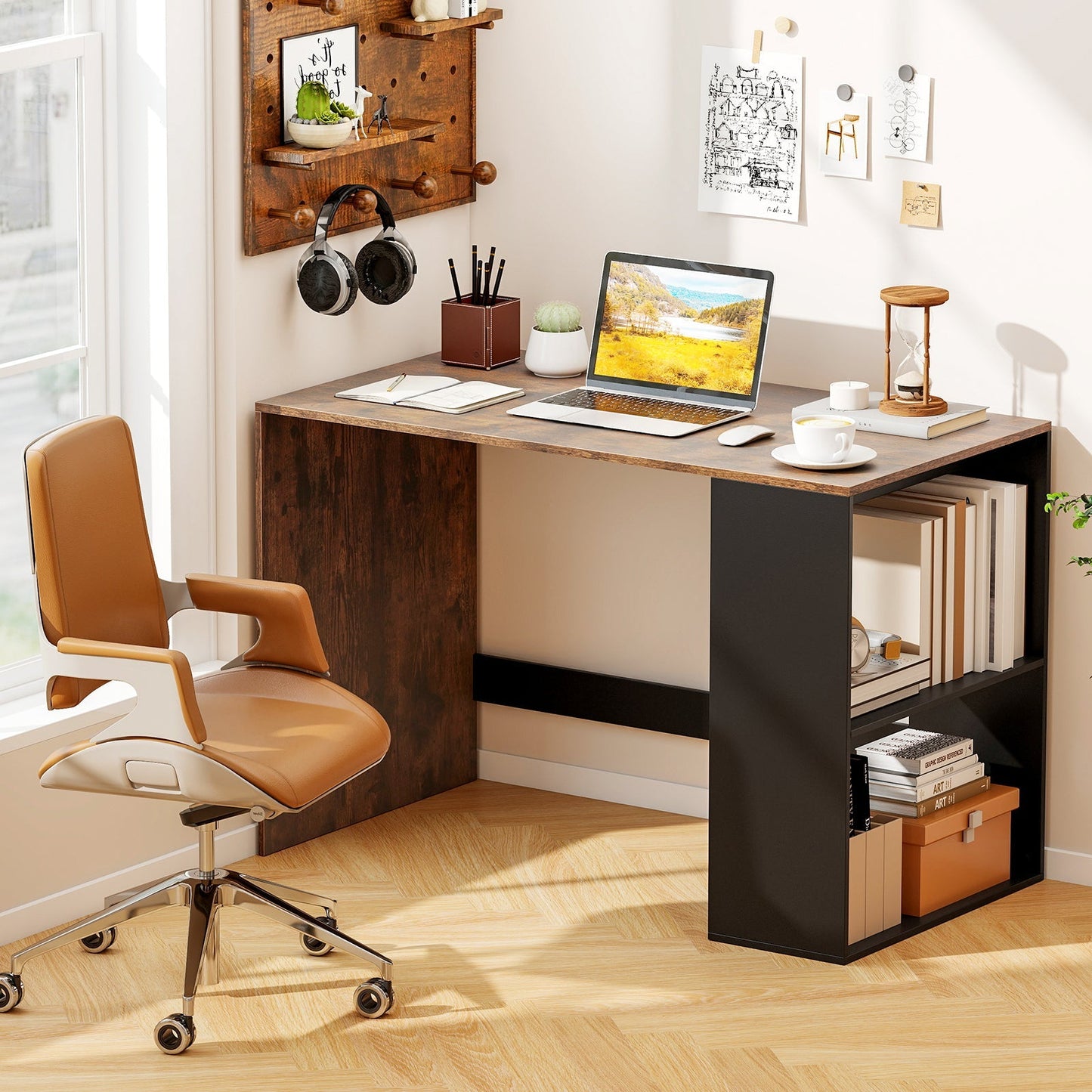 44 Inch Wooden Computer Desk with Bookshelf for Small Space
