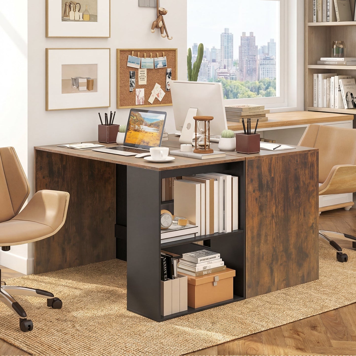 44 Inch Wooden Computer Desk with Bookshelf for Small Space