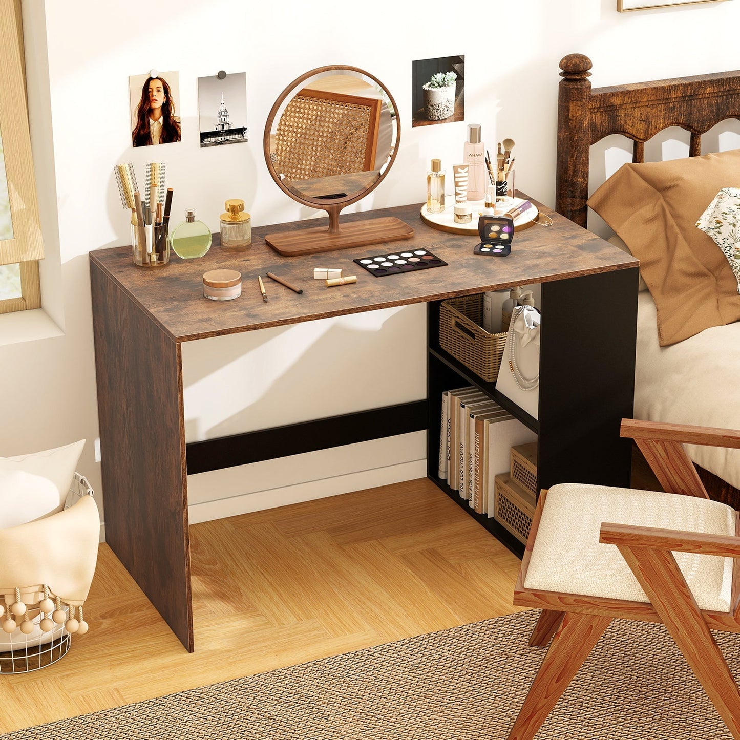 44 Inch Wooden Computer Desk with Bookshelf for Small Space