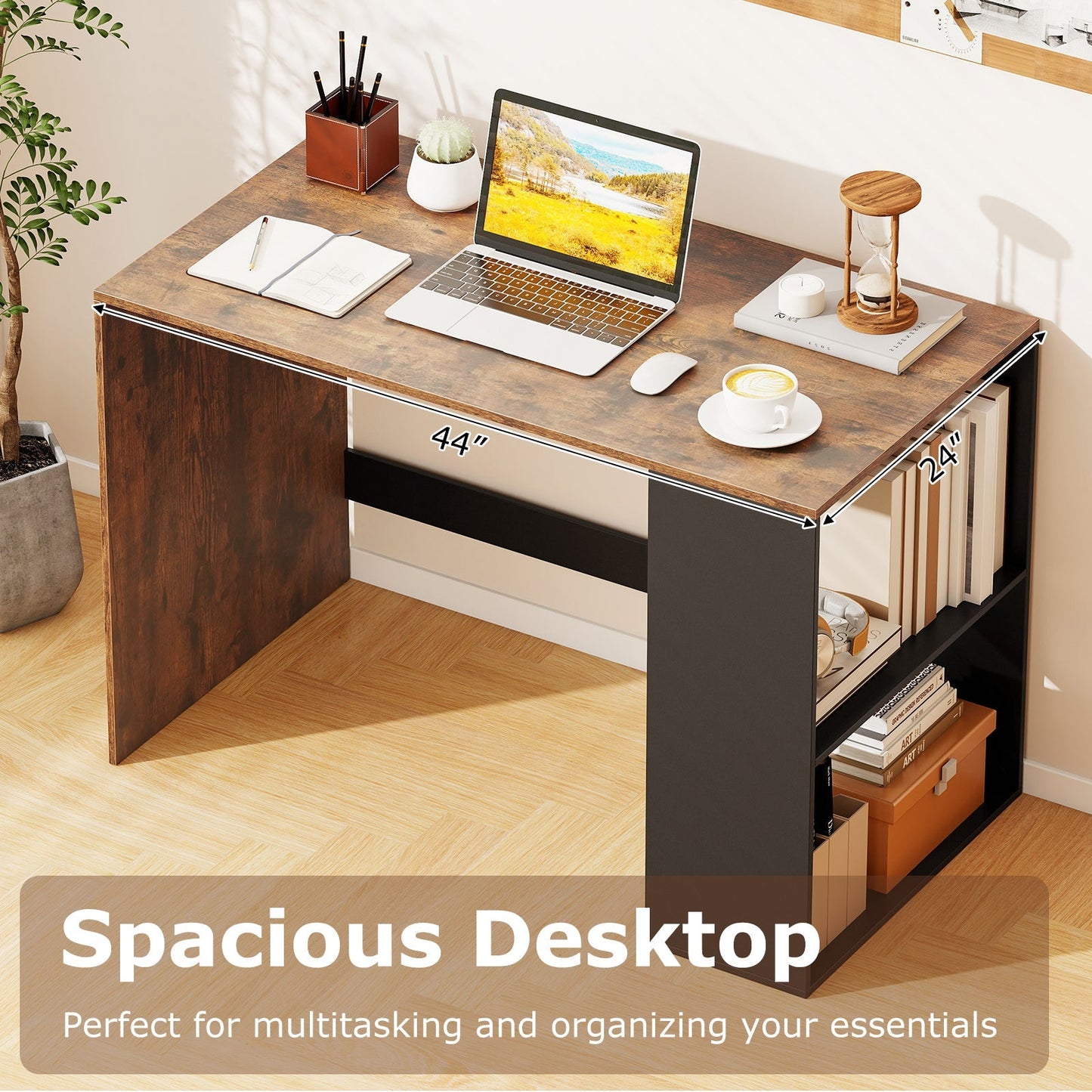 44 Inch Wooden Computer Desk with Bookshelf for Small Space