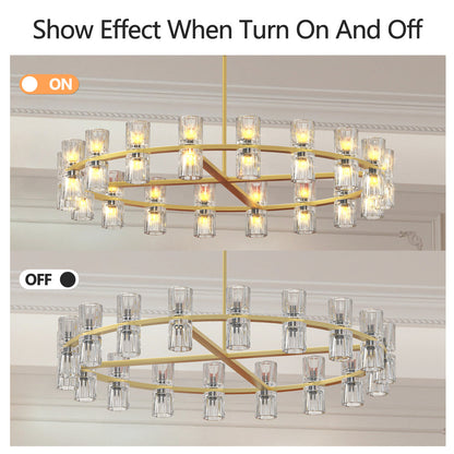 Luxury Crystal Chandelier | Double-Ring LED Ceiling Light for Living Room & Dining Room — Black or Gold, Round or Rectangular