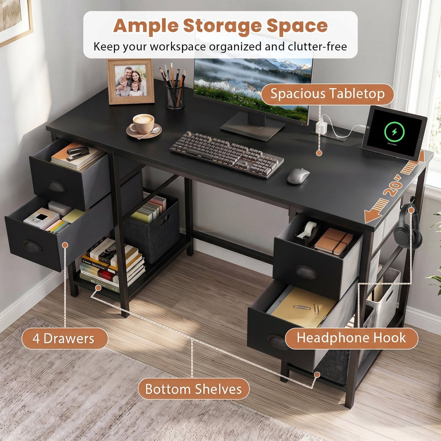 48-Inch Computer Desk with Power Outlet & 4 Fabric Drawers