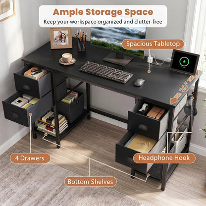 48-Inch Computer Desk with Power Outlet & 4 Fabric Drawers