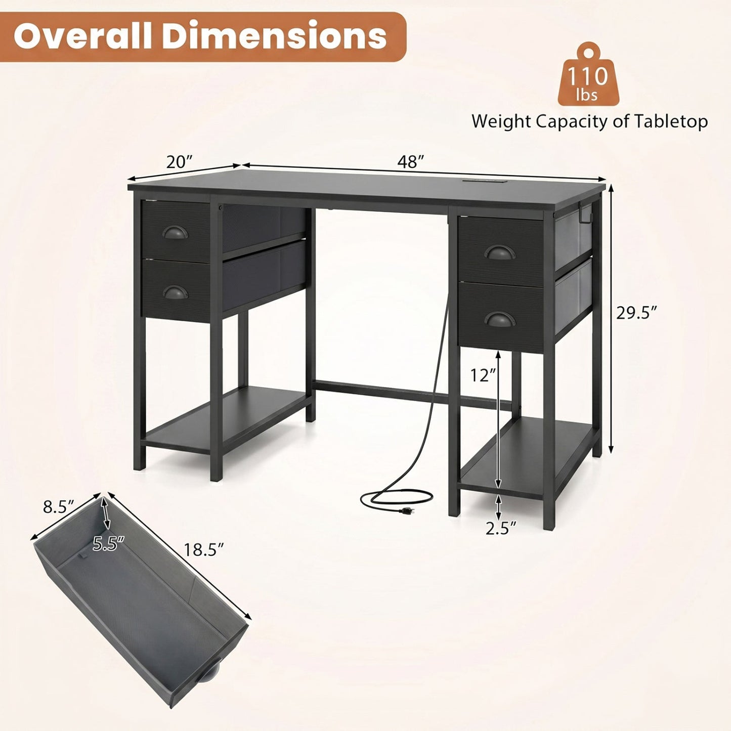 48-Inch Computer Desk with Power Outlet & 4 Fabric Drawers