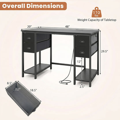 48-Inch Computer Desk with Power Outlet & 4 Fabric Drawers