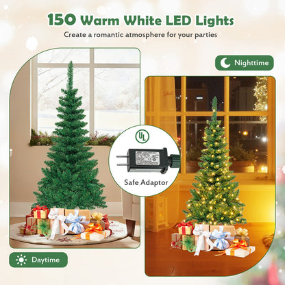 4.5 ft Pre-Lit Premium Hinged Artificial Fir Pencil Christmas Tree with LED Lights