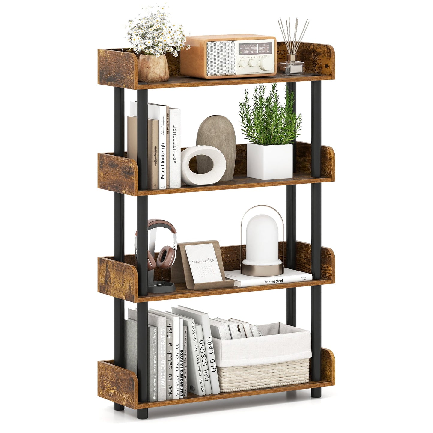 4-Tier Bookshelf Open Bookcase with Anti-Tipping Kit Industrial Storage Unit