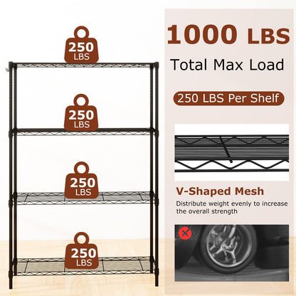 4-Tier Metal Storage Shelving Unit with V-Shaped Wire Rack and 1000 LBS Capacity-Black