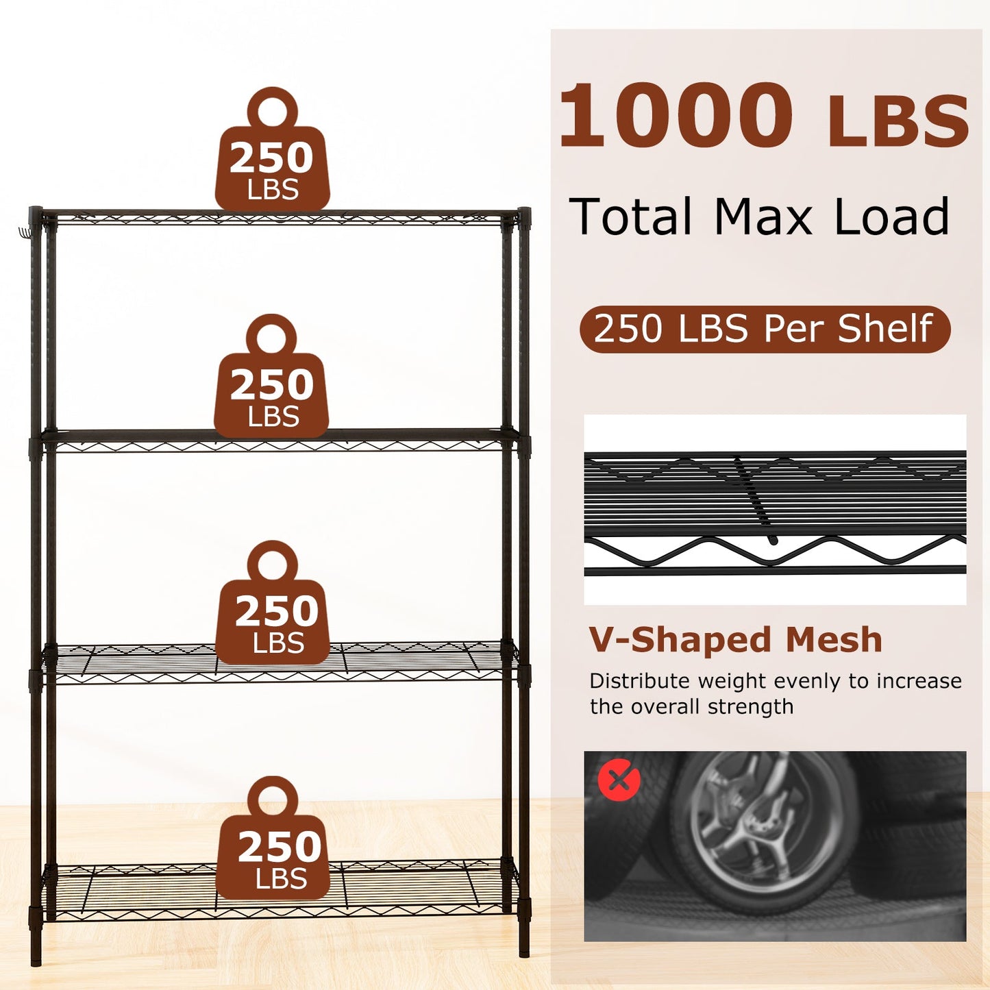 4-Tier Metal Storage Shelving Unit with V-Shaped Wire Rack and 1000 LBS Capacity-Black