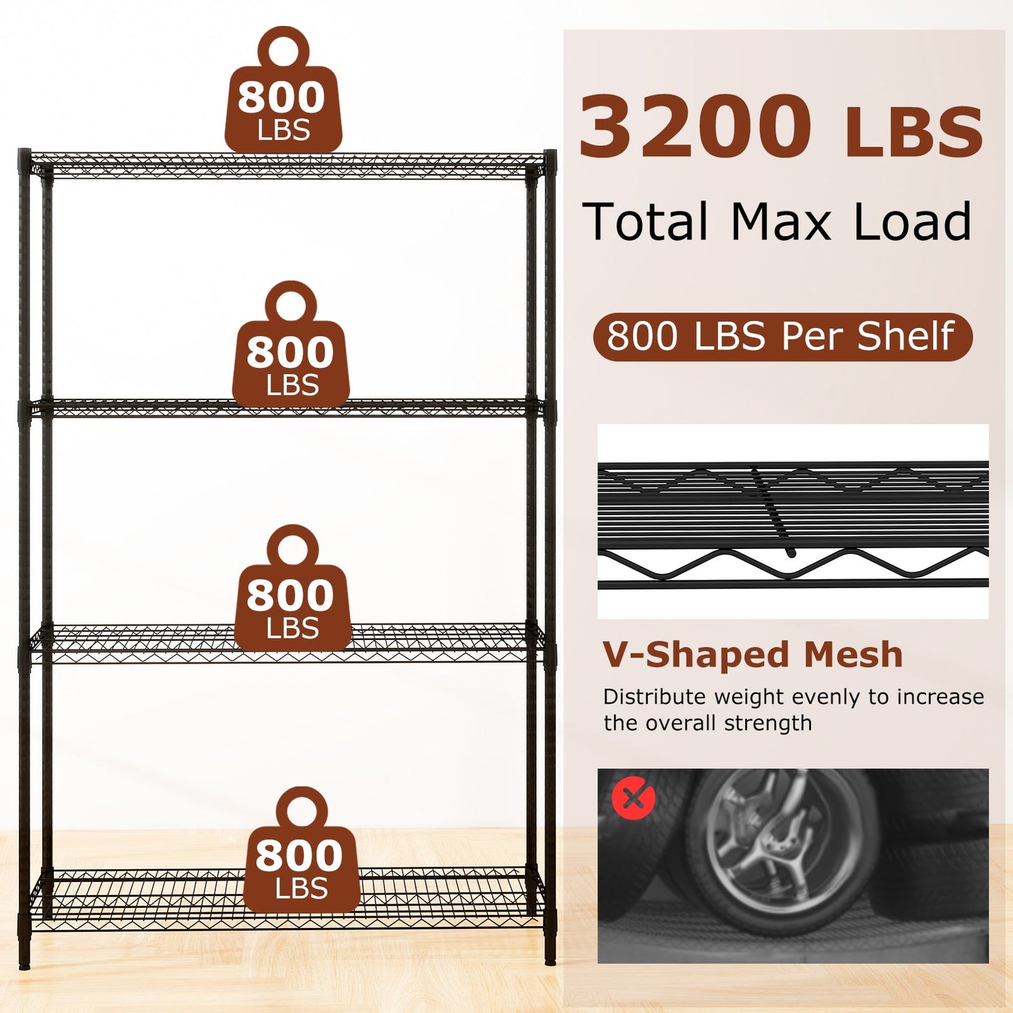 4-Tier Metal Storage Shelving Unit with V-Shaped Wire Rack-Black