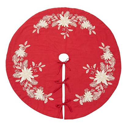 Fennco Styles Gold Embroidered Holly Christmas Tree Skirt 54 Inch Round - Red Festive Tree Skirt for Home, Holiday Decoration and Special Occasion