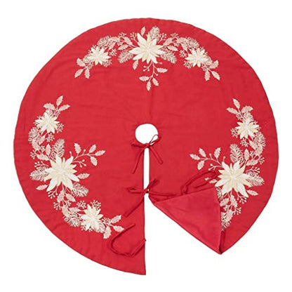 Fennco Styles Gold Embroidered Holly Christmas Tree Skirt 54 Inch Round - Red Festive Tree Skirt for Home, Holiday Decoration and Special Occasion
