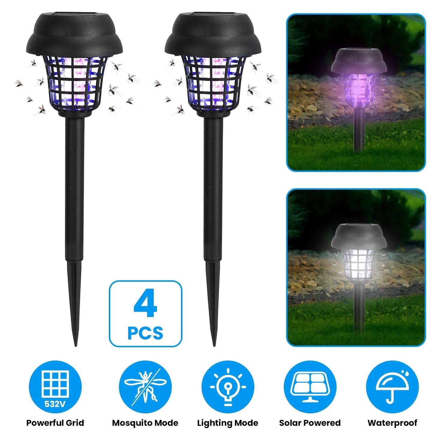 4 Pack Solar Powered Mosquito Zapper Outdoor Insect Killer Torch Waterproof Bug Zapper with UV Light White Light for Yard Garden Farm Patio